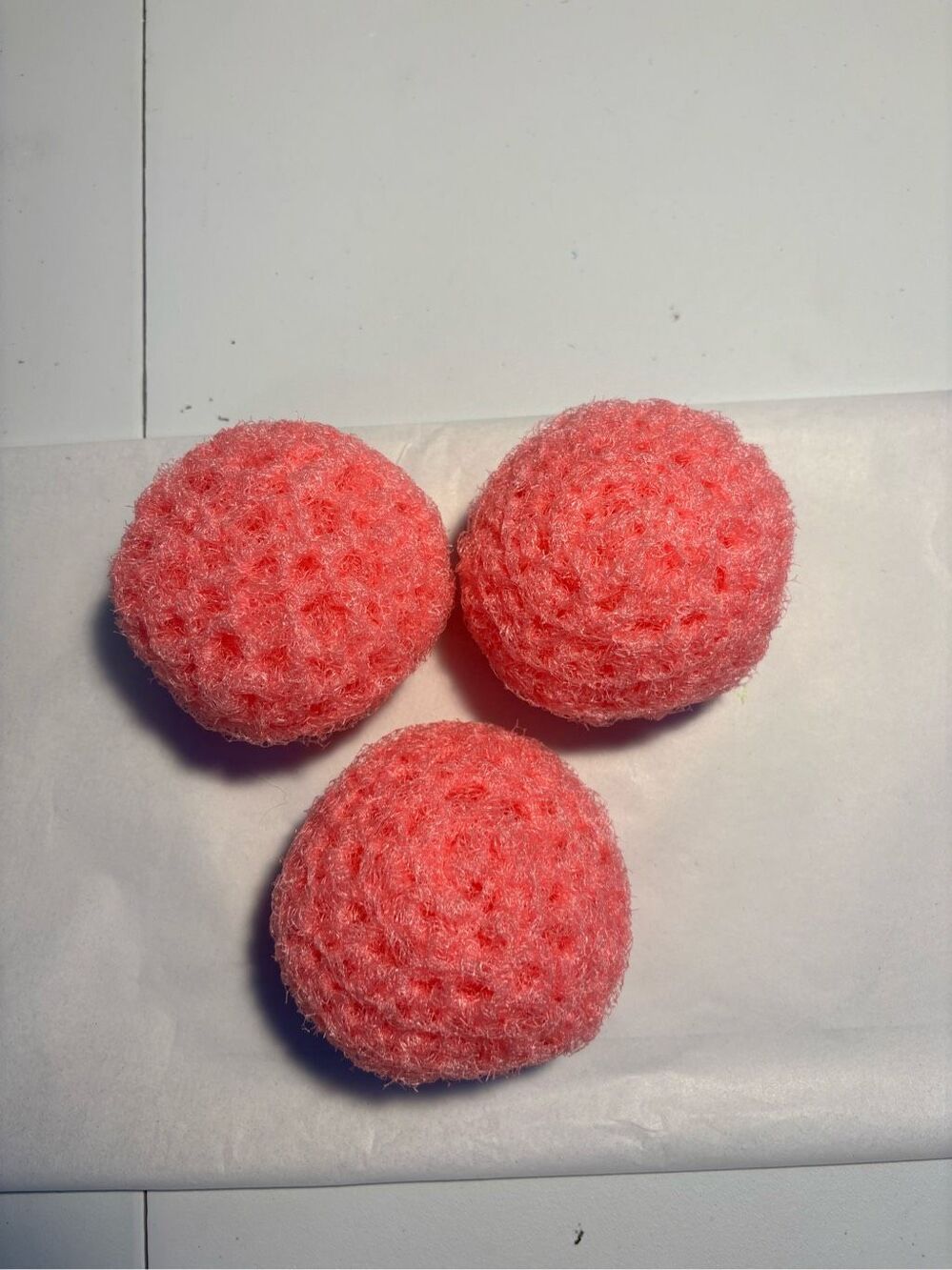 3 Handmade crocheted dish scrubbies made with premium nylon netting (pink)